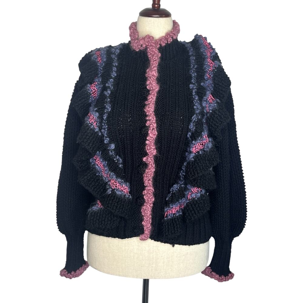 Womens Cardigan Sweater Small Black Chunky Heavy Knit Ruffle Trim Artisan Boho